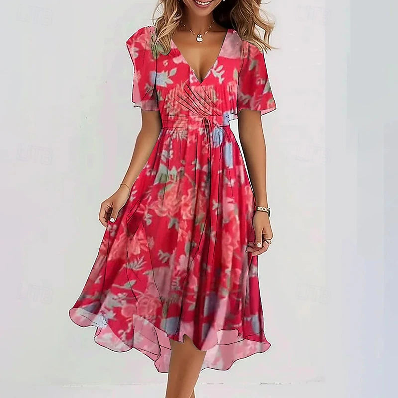 Damska sukienka midi w kwiaty z dekoltem w serek-Midi Dress-Olave