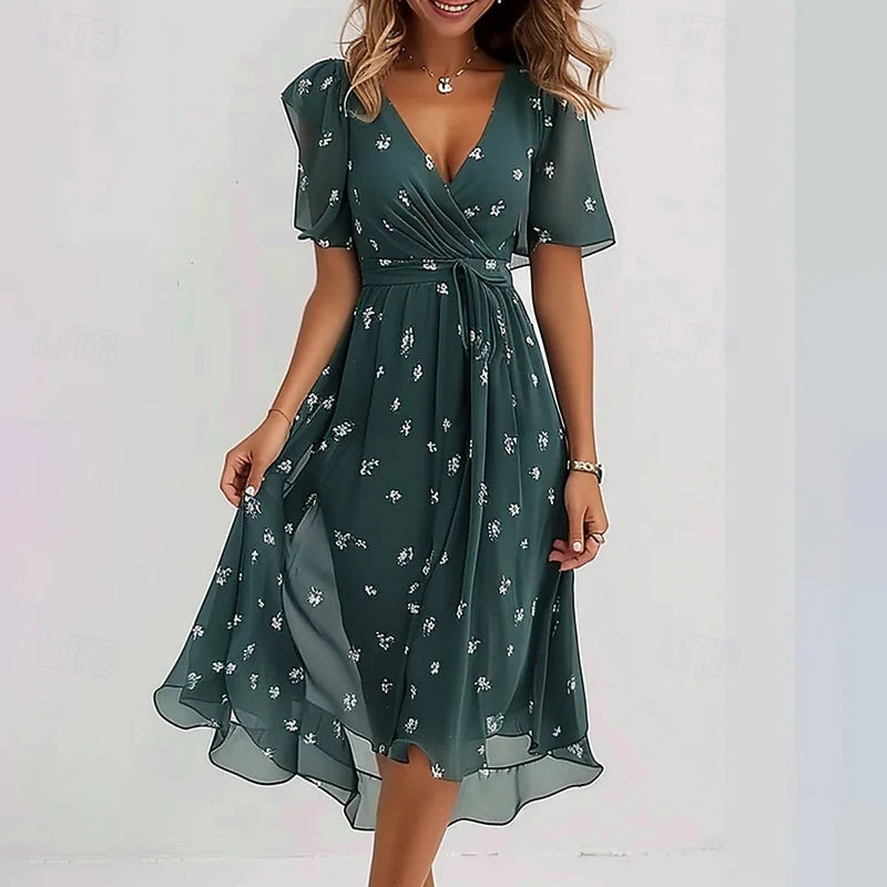 Damska sukienka midi w kwiaty z dekoltem w serek-Midi Dress-Olave