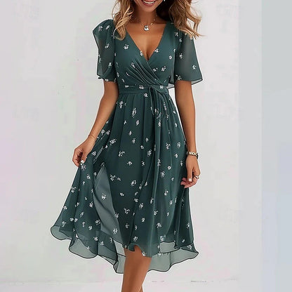 Damska sukienka midi w kwiaty z dekoltem w serek-Midi Dress-Olave