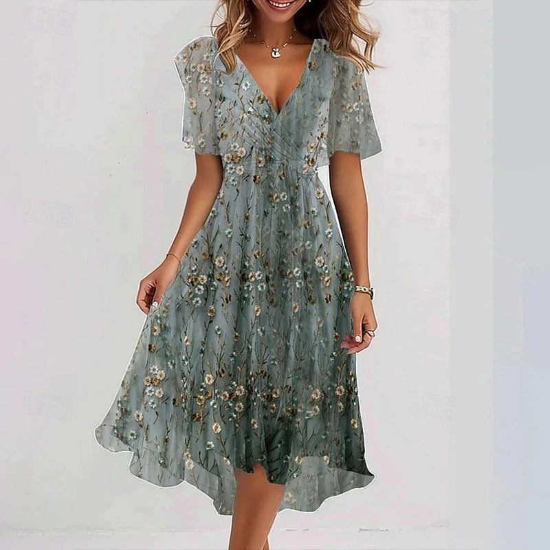 Damska sukienka midi w kwiaty z dekoltem w serek-Midi Dress-Olave
