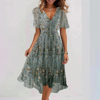 Damska sukienka midi w kwiaty z dekoltem w serek-Midi Dress-Olave