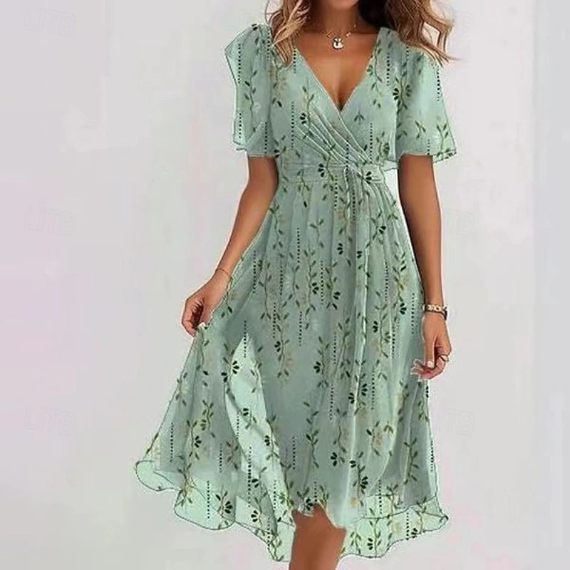 Damska sukienka midi w kwiaty z dekoltem w serek-Midi Dress-Olave