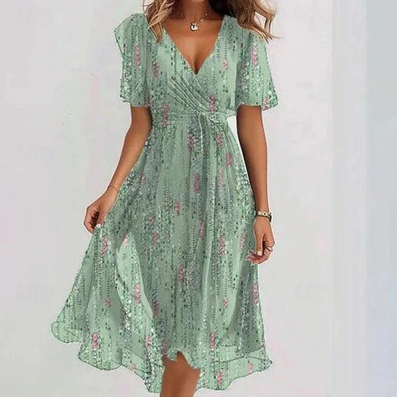 Damska sukienka midi w kwiaty z dekoltem w serek-Midi Dress-Olave