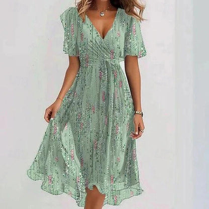 Damska sukienka midi w kwiaty z dekoltem w serek-Midi Dress-Olave