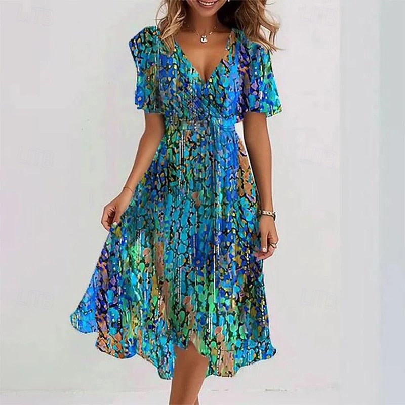 Damska sukienka midi w kwiaty z dekoltem w serek-Midi Dress-Olave