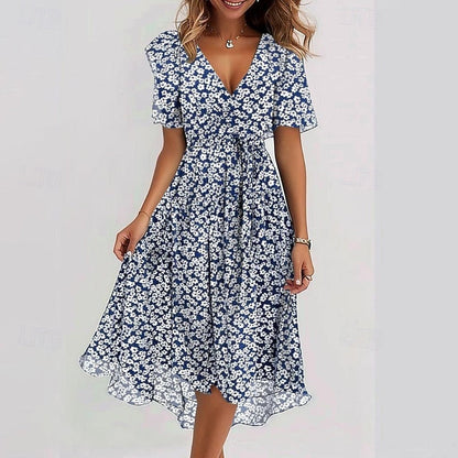 Damska sukienka midi w kwiaty z dekoltem w serek-Midi Dress-Olave