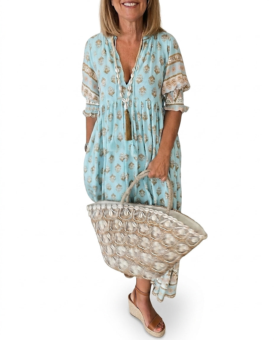 Damska sukienka midi w kwiaty z dekoltem w serek-Midi Dress-Olave