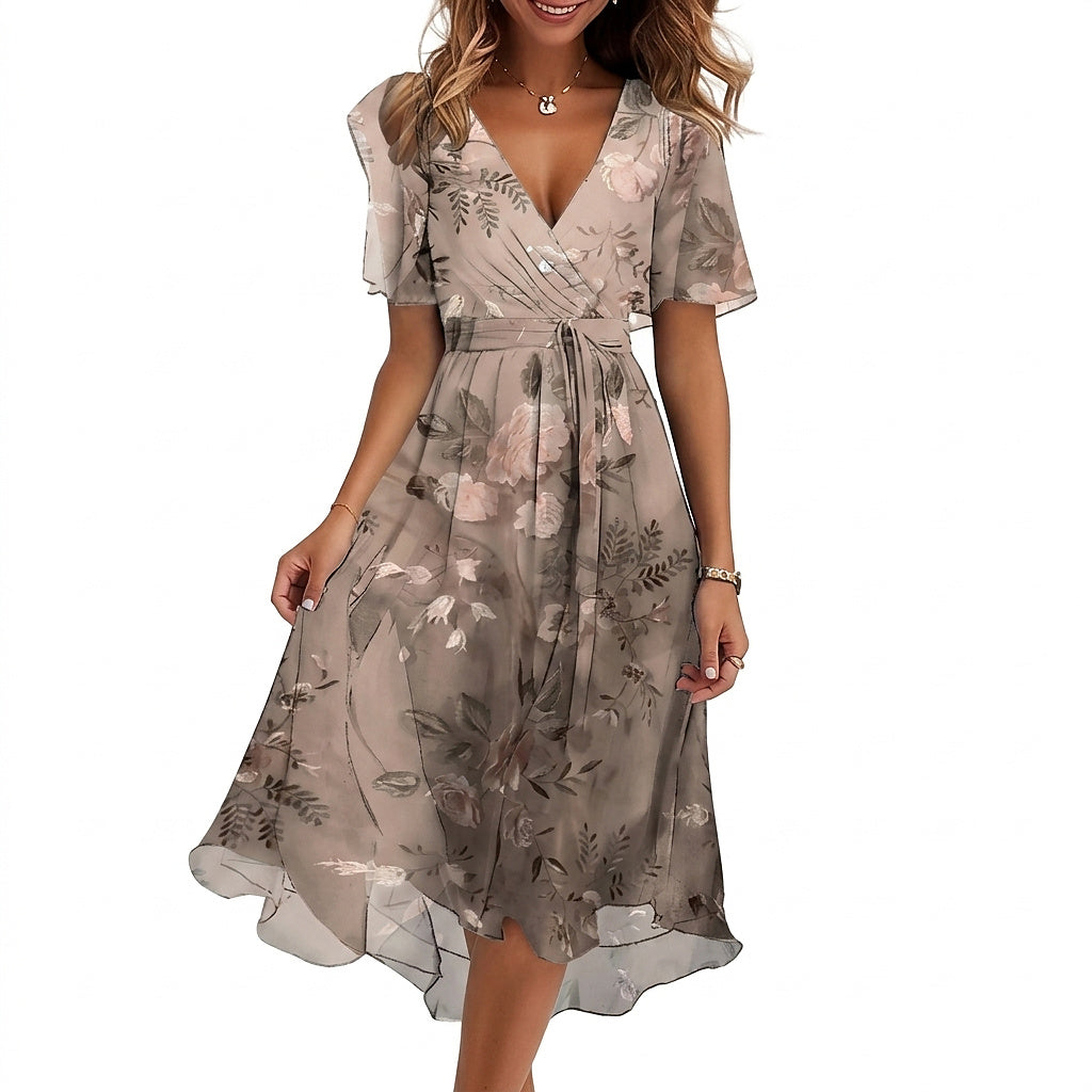 Damska sukienka midi w kwiaty z dekoltem w serek-Midi Dress-Olave