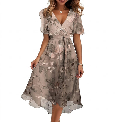 Damska sukienka midi w kwiaty z dekoltem w serek-Midi Dress-Olave
