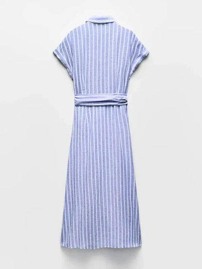 Damska Sukienka Midi w Paski z Zapięciem na Guziki-Midi Dress-Olave
