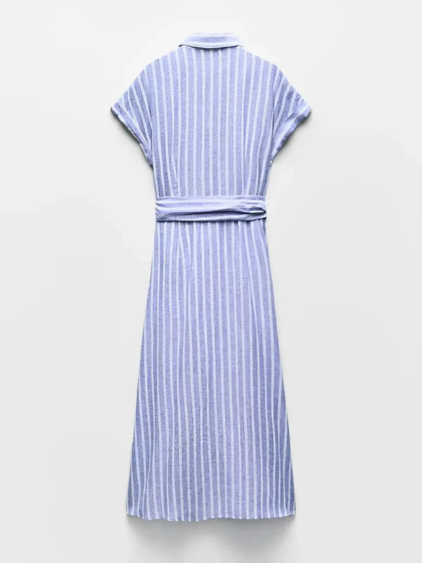 Damska Sukienka Midi w Paski z Zapięciem na Guziki-Midi Dress-Olave