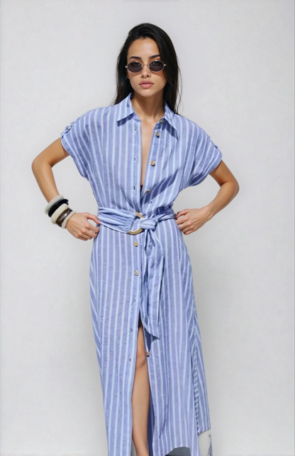 Damska Sukienka Midi w Paski z Zapięciem na Guziki-Midi Dress-Olave