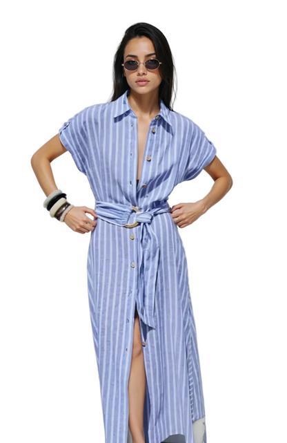 Damska Sukienka Midi w Paski z Zapięciem na Guziki-Midi Dress-Olave