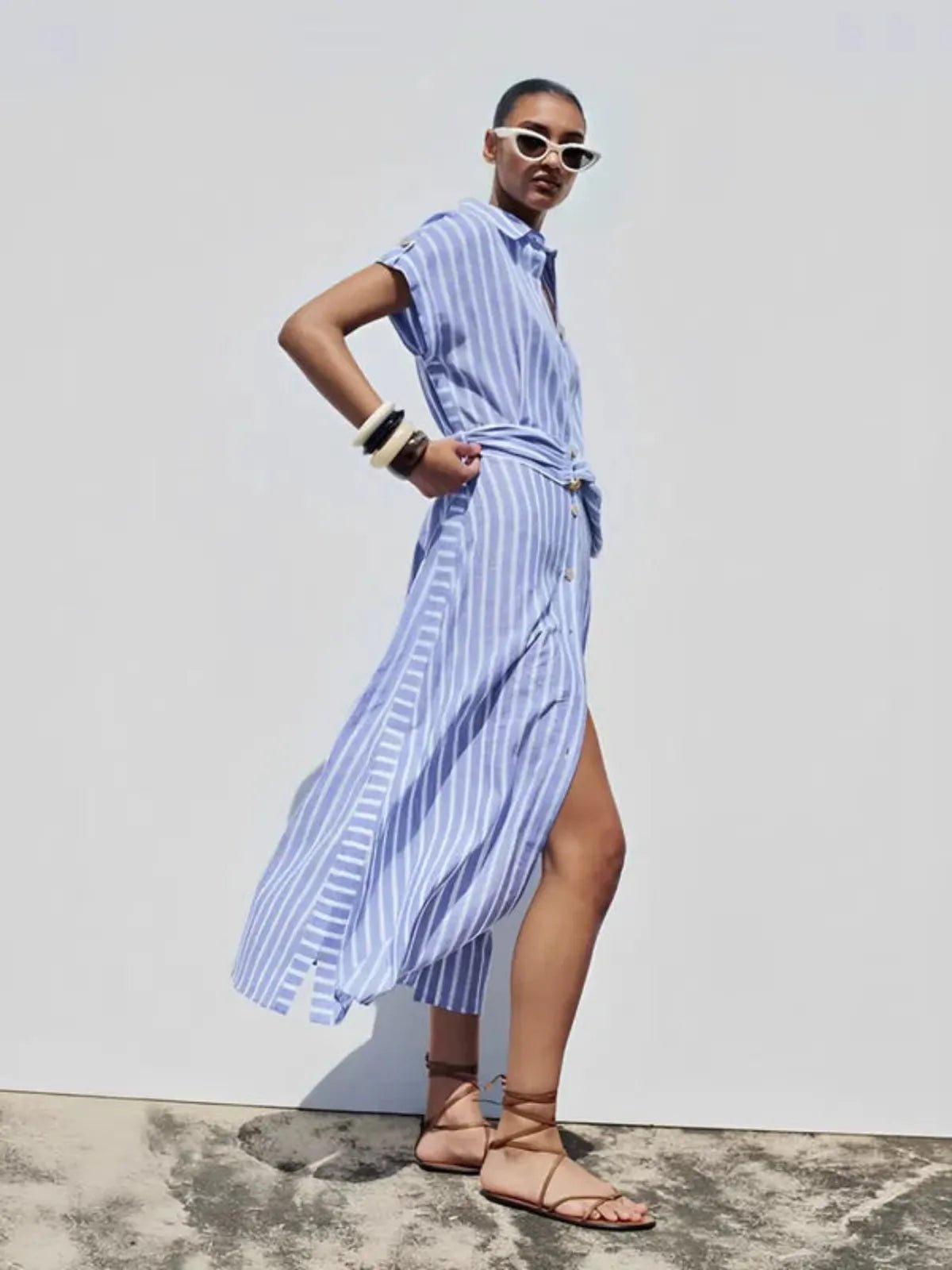 Damska Sukienka Midi w Paski z Zapięciem na Guziki-Midi Dress-Olave