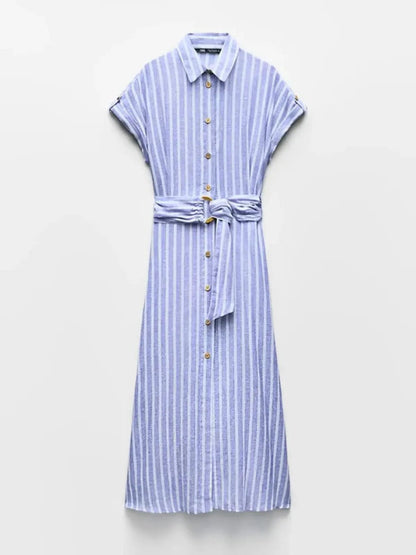 Damska Sukienka Midi w Paski z Zapięciem na Guziki-Midi Dress-Olave