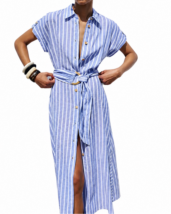 Damska Sukienka Midi w Paski z Zapięciem na Guziki-Midi Dress-Olave