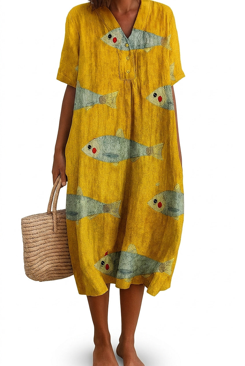Damska sukienka midi w ryby z dekoltem w serek-Midi Dress-Olave