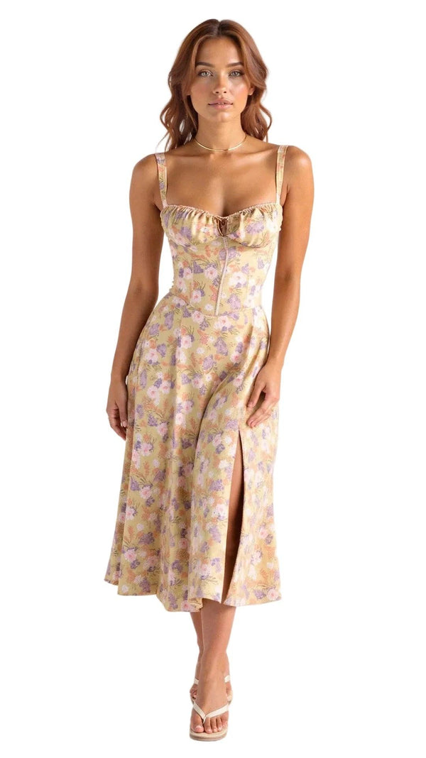 Damska sukienka midi w stylu gorsetu z kwiatowym wzorem-Midi Dress-Olave
