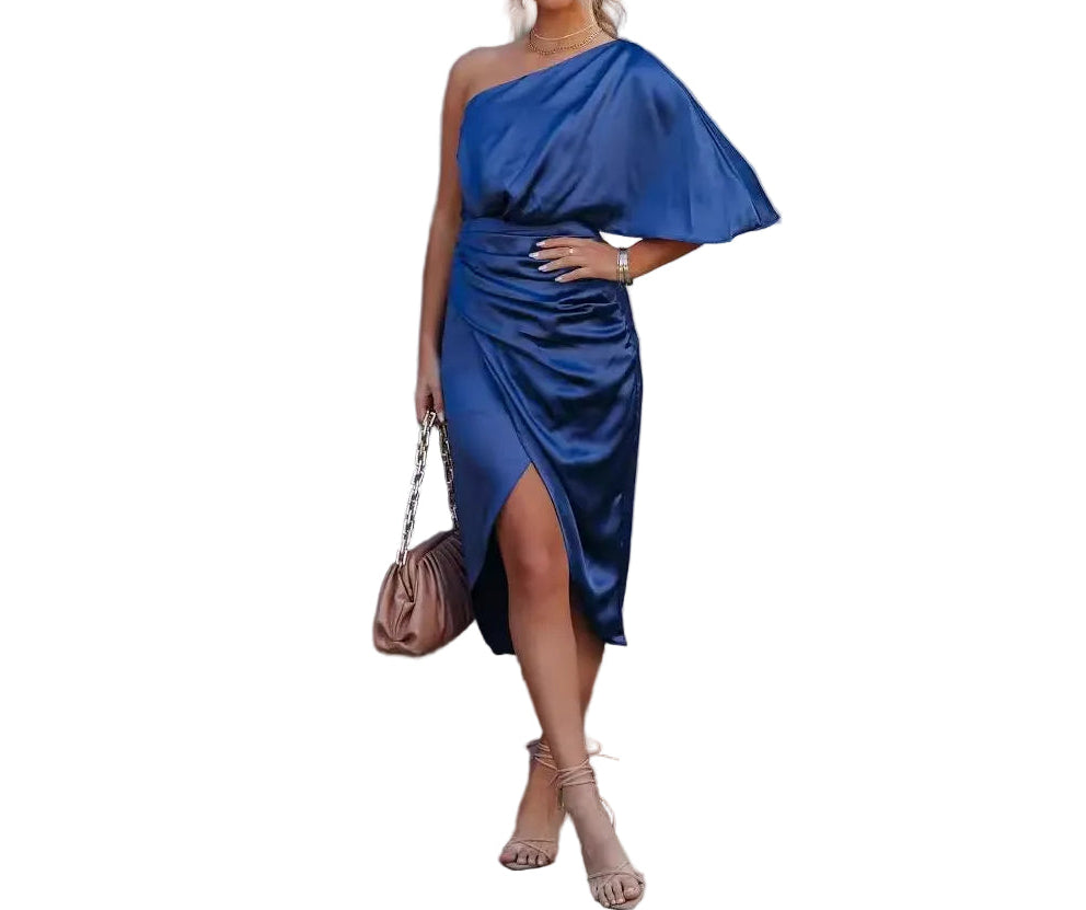 Damska sukienka midi z asymetrycznym dekoltem i drapowaniem-Midi Dress-Olave