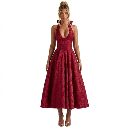 Damska sukienka midi z dekoltem halter i gorsetowym stanem oraz kokardą-Midi Dress-Olave