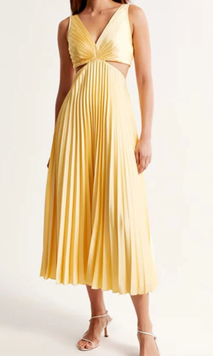 Damska Sukienka Midi z dekoltem V i plisowaną spódnicą-Midi Dress-Olave