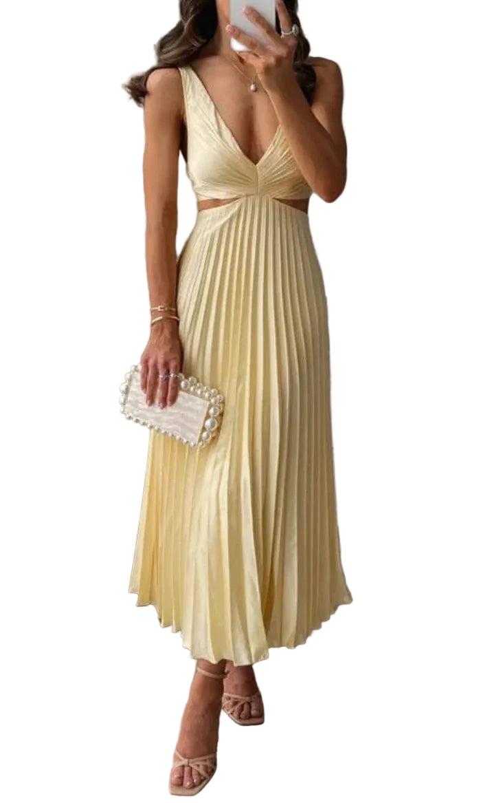 Damska Sukienka Midi z dekoltem V i plisowaną spódnicą-Midi Dress-Olave