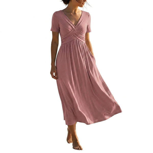 Damska sukienka midi z dekoltem w serek i kopertowym detalem-Midi Dress-Olave