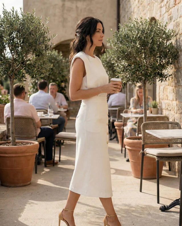 Damska Sukienka Midi z Guzikami i Rozcięciem z Przodu-Midi Dress-Olave