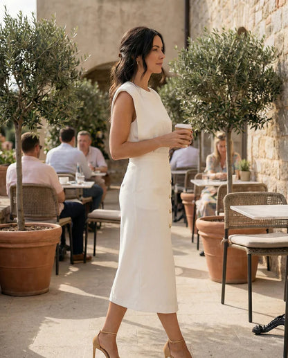 Damska Sukienka Midi z Guzikami i Rozcięciem z Przodu-Midi Dress-Olave