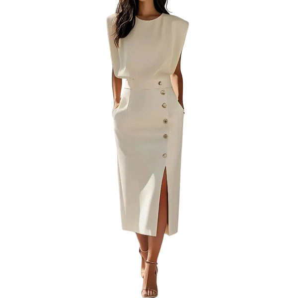 Damska Sukienka Midi z Guzikami i Rozcięciem z Przodu-Midi Dress-Olave