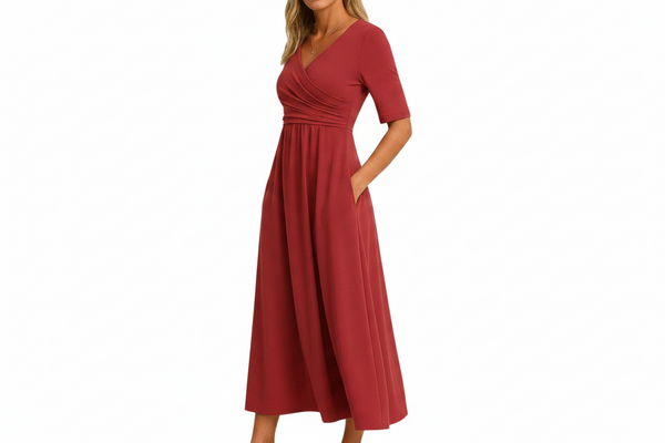 Damska sukienka midi z kopertową górą i krótkim rękawem-Midi Dress-Olave