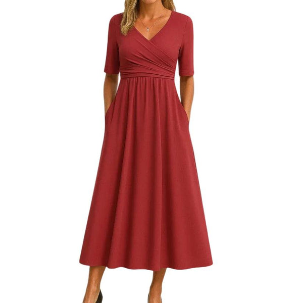 Damska sukienka midi z kopertową górą i krótkim rękawem-Midi Dress-Olave