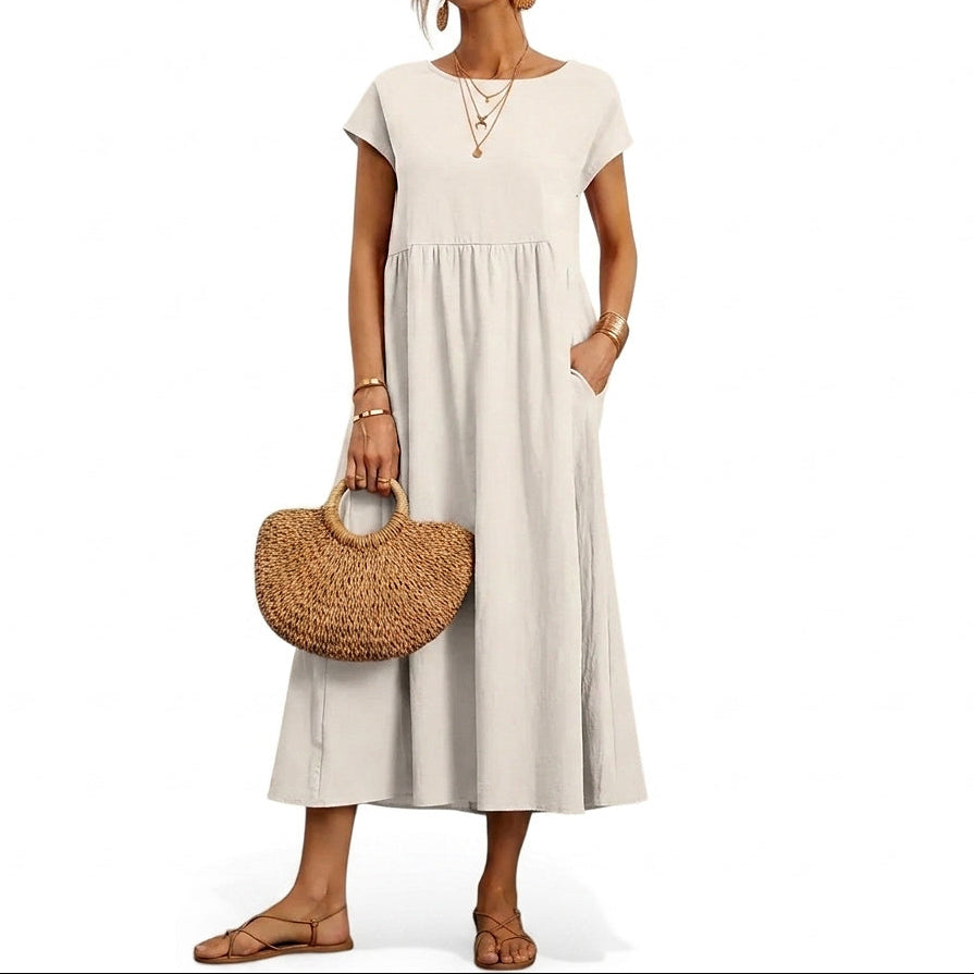 Damska sukienka midi z krótkim rękawem i kieszeniami bocznymi-Midi Dress-Olave