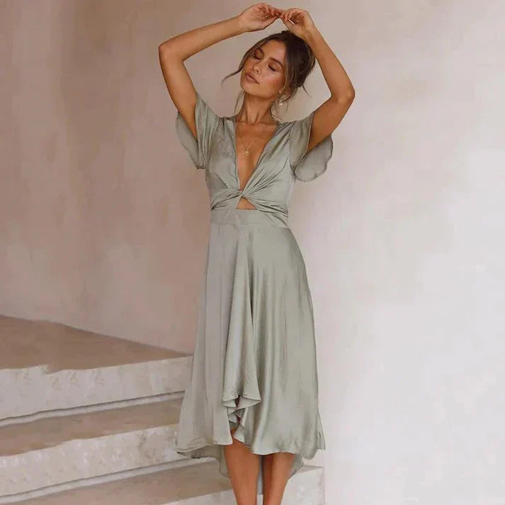 Damska Sukienka Midi z Krótkim Rękawem i Wiązaniem z Przodu oraz Asymetrycznym Dołem-Midi Dress-Olave
