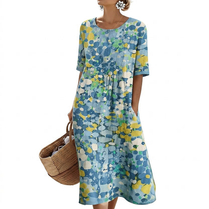 Damska sukienka midi z krótkim rękawem w abstrakcyjny wzór-Midi Dress-Olave