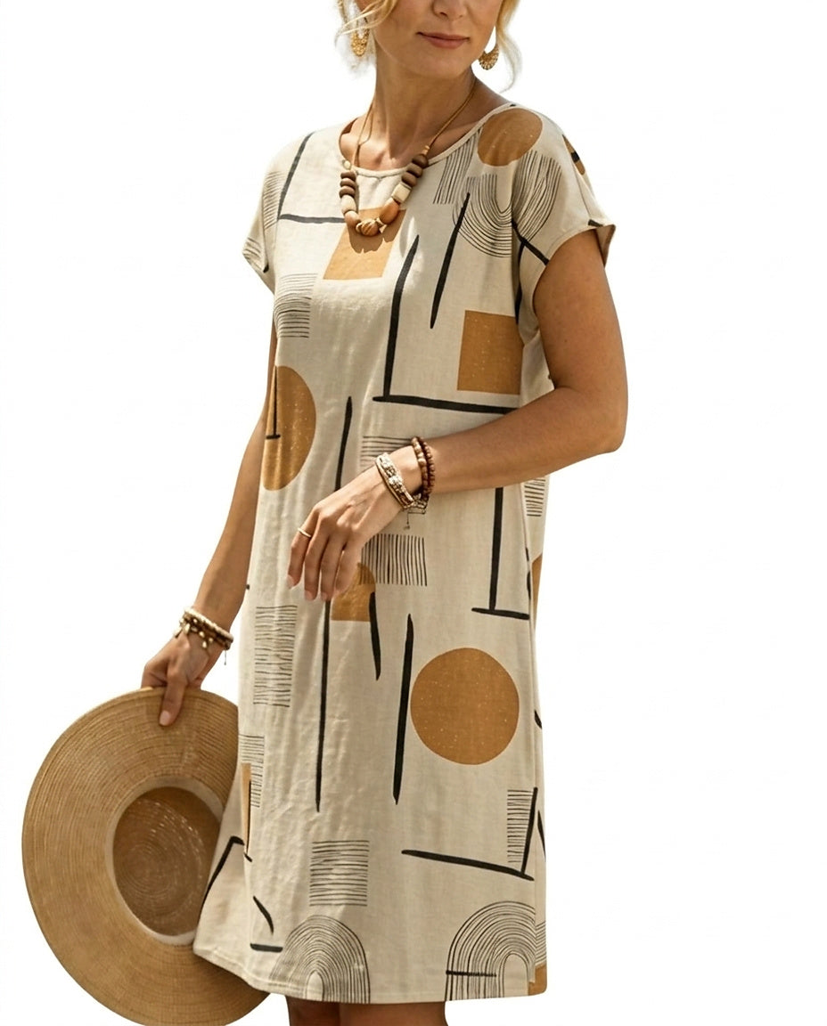Damska sukienka midi z krótkim rękawem we wzory geometryczne-Midi Dress-Olave