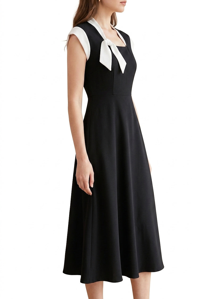 Damska sukienka midi z kwadratowym dekoltem i kontrastową kokardą-Midi Dress-Olave