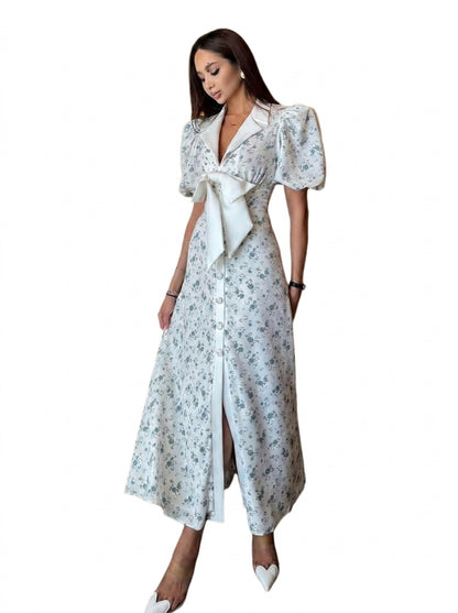Damska sukienka midi z kwiatowym wzorem, bufiastymi rękawami i kokardą-Midi Dress-Olave