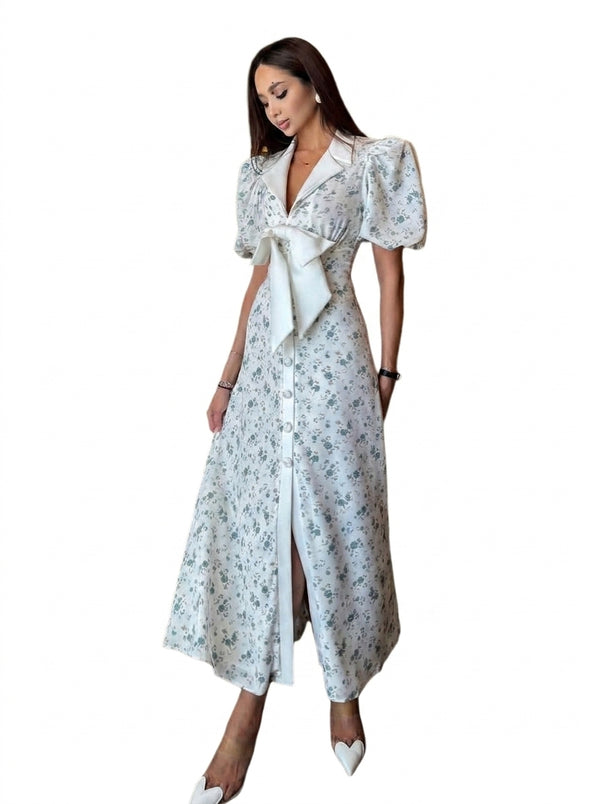 Damska sukienka midi z kwiatowym wzorem, bufiastymi rękawami i kokardą-Midi Dress-Olave