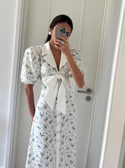Damska sukienka midi z kwiatowym wzorem, bufiastymi rękawami i kokardą-Midi Dress-Olave