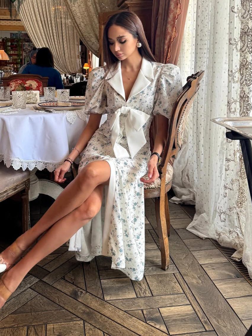 Damska sukienka midi z kwiatowym wzorem, bufiastymi rękawami i kokardą-Midi Dress-Olave
