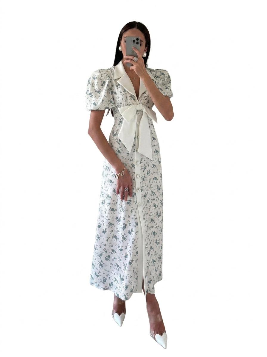 Damska sukienka midi z kwiatowym wzorem, bufiastymi rękawami i kokardą-Midi Dress-Olave