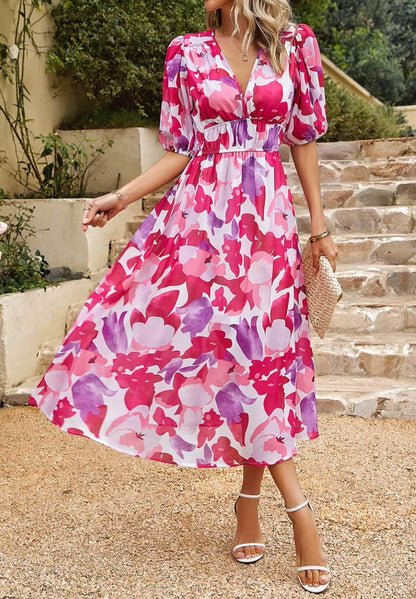 Damska Sukienka Midi z Nadrukiem i Bufiastymi Rękawami-Midi Dress-Olave