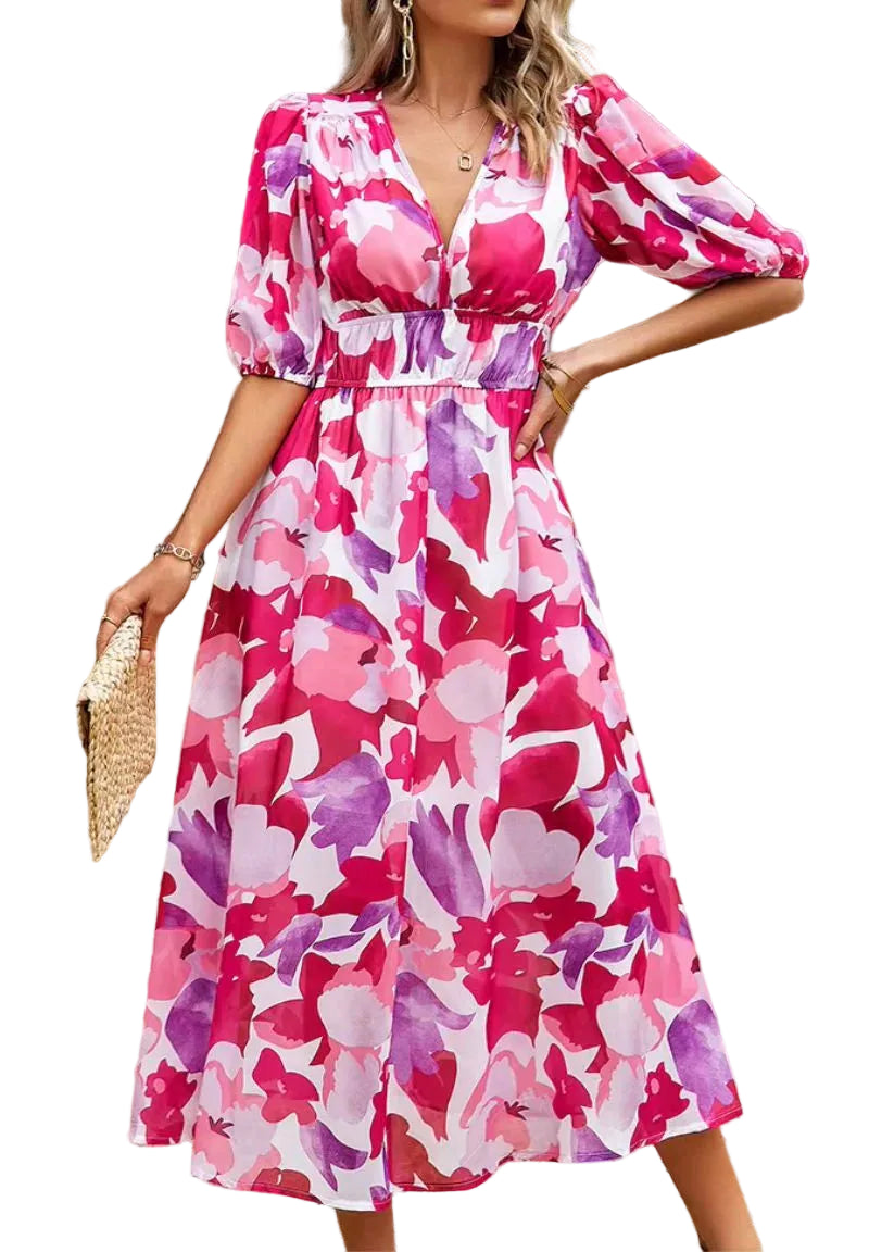 Damska Sukienka Midi z Nadrukiem i Bufiastymi Rękawami-Midi Dress-Olave