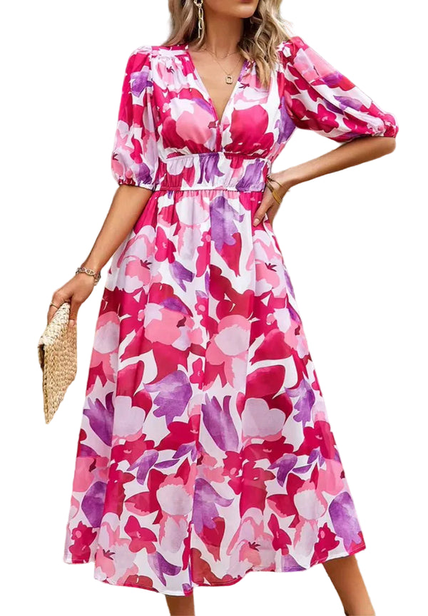 Damska Sukienka Midi z Nadrukiem i Bufiastymi Rękawami-Midi Dress-Olave