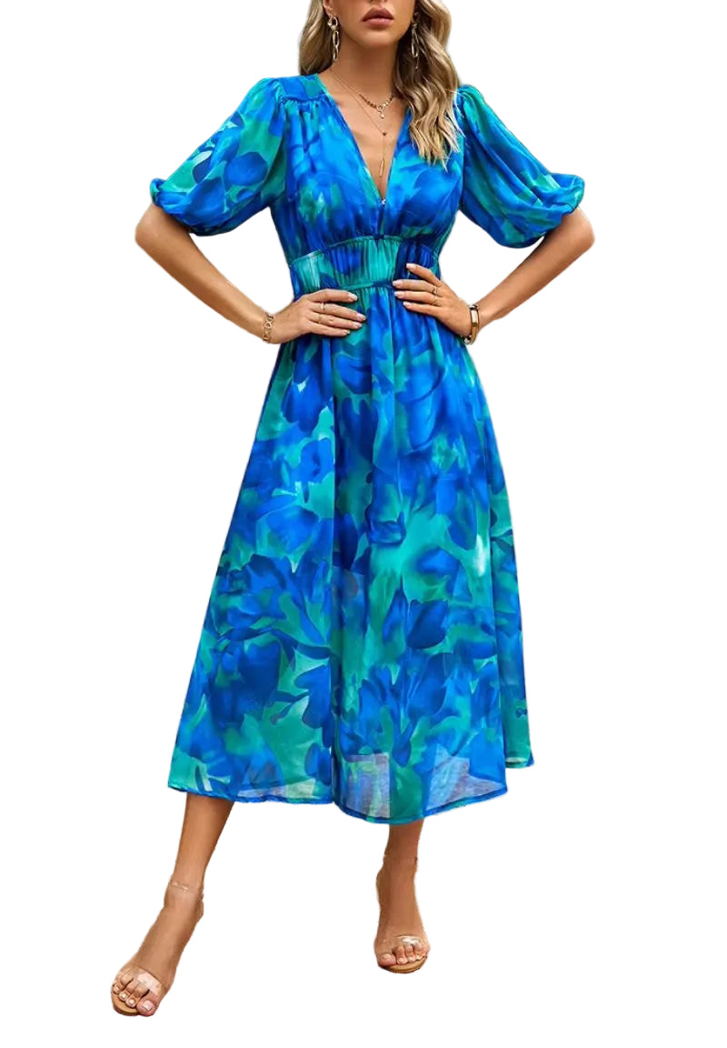 Damska Sukienka Midi z Nadrukiem i Bufiastymi Rękawami-Midi Dress-Olave