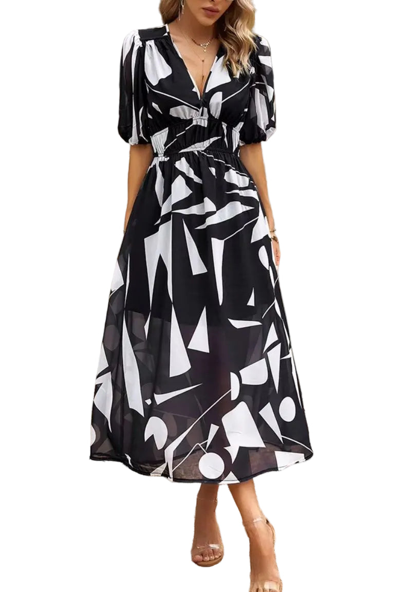 Damska Sukienka Midi z Nadrukiem i Bufiastymi Rękawami-Midi Dress-Olave