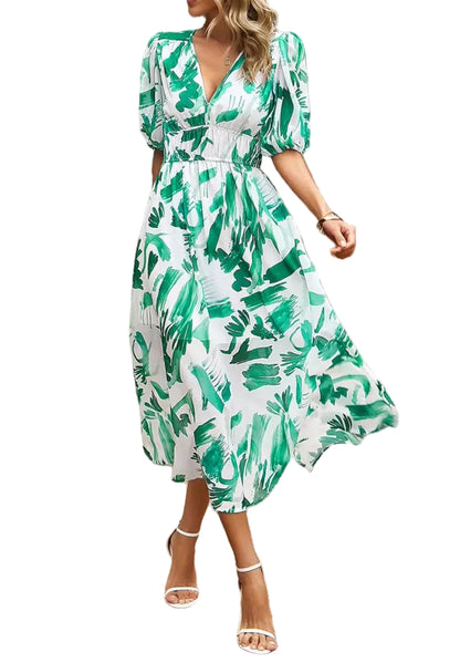 Damska Sukienka Midi z Nadrukiem i Bufiastymi Rękawami-Midi Dress-Olave