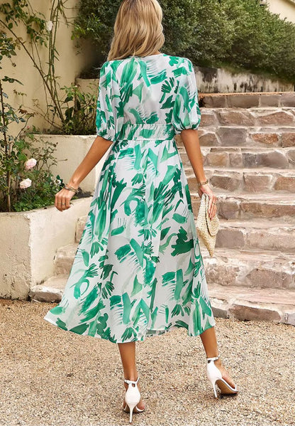 Damska Sukienka Midi z Nadrukiem i Bufiastymi Rękawami-Midi Dress-Olave