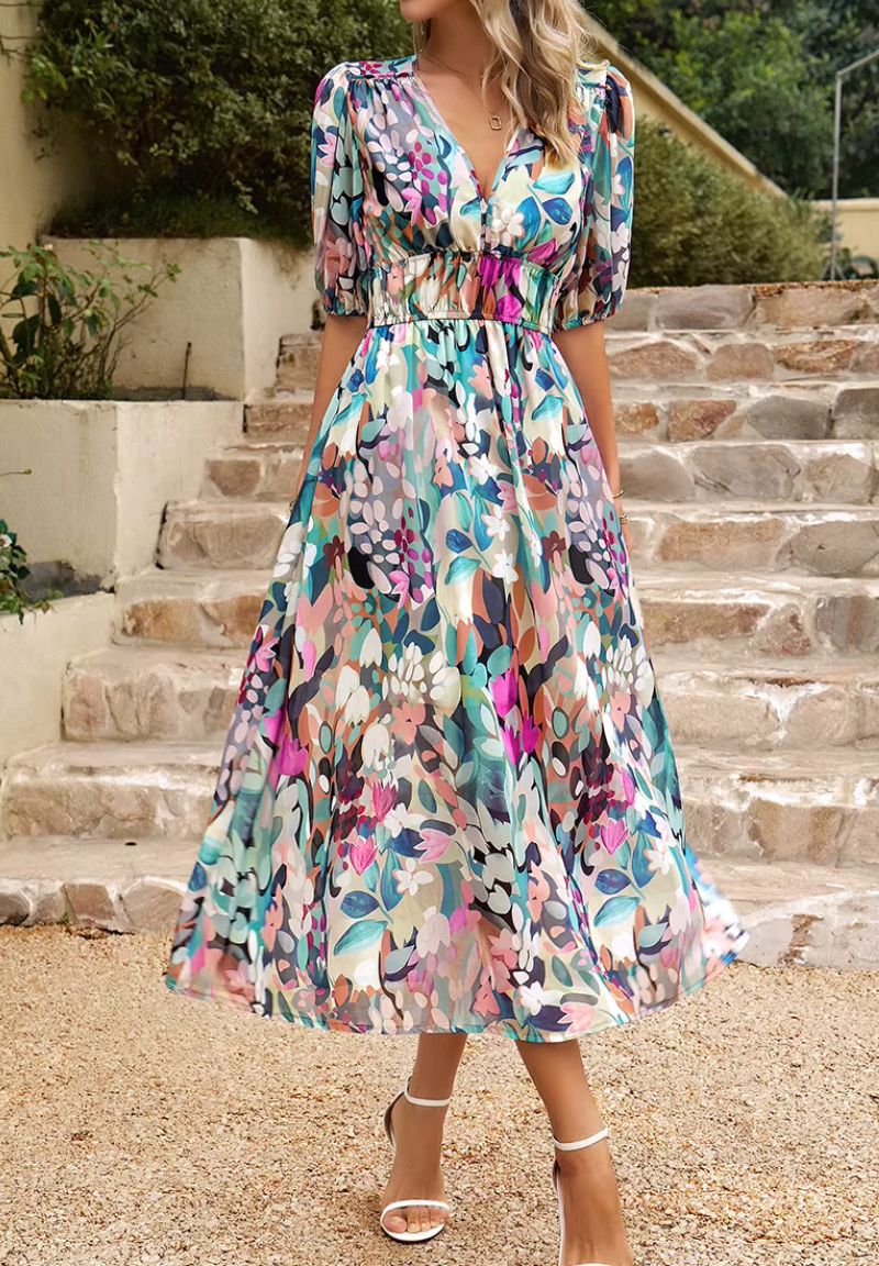 Damska Sukienka Midi z Nadrukiem i Bufiastymi Rękawami-Midi Dress-Olave